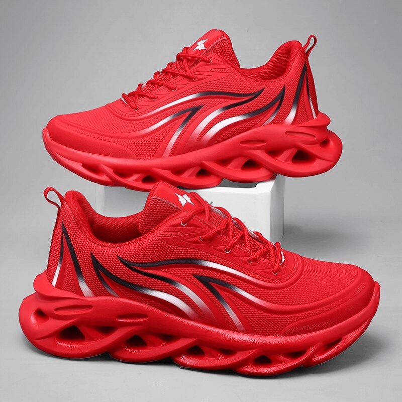Men's flame printed lace-up sneakers, vibrant red design for outdoor sports, featuring breathable mesh, rubber sole, and EVA insole.
